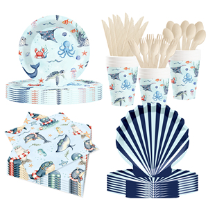 DAMAI - Platos, Vasos y Servilletas Desechables de Papel con Diseño de Conchas a Rayas Azules y Azul Oscuro para Fiestas de Cumpleaños - Product Image 2