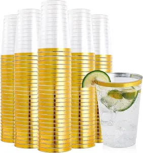 9/10 /12 oz Gold Clear Plastic Cups Tumblers Elegant Gold Rimmed Disposable Cups Perfect for Weddings Thanksgiving Day Christmas