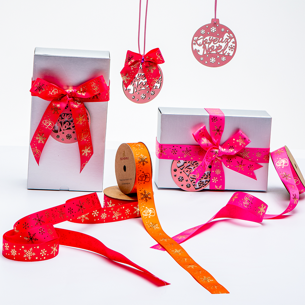 High Quality Custom 1.5Inch Grosgrain Ribbon Solid Color Polyester Printed Gift Snowflake Gold Foil Roll Wedding Christmas Deco