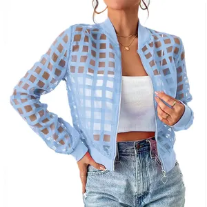 Custom <strong>Women</strong> See Through Mesh Plaid Zip <strong>Fly</strong> Lightweight Casual Sheer Bomber <strong>Jacket</strong> Transparent <strong>Jacket</strong> - Product Image 1