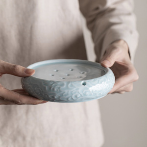 Chinese Retro Round Porcelain <b>Tea</b> Tray With Auspicious Cloud Design Handmade For Kung Fu <b>Tea</b> <b>Set</b> Dry Brewing - Product Image 1