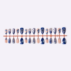 Lot de 30 faux ongles courts en amande bleus haut de gamme, populaires, avec fleurs 3D, <span class=keywords><strong>strass</strong></span> et <span class=keywords><strong>manucure</strong></span> française effet goutte d'eau - Product Image 4