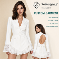 Robe mini blazer tendance pour femme, col à revers, manches longues évasées en dentelle, découpe au dos, nœud, ourlet à volants, simple boutonnage, vente en gros
