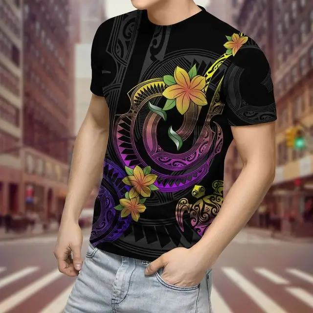 OEM Wholesale Mens Graphic Tshirt Polynesian Turtle Tattoo & Flowers 3D Printed Harajuku Streetwear Popular Tee Shirt Tops