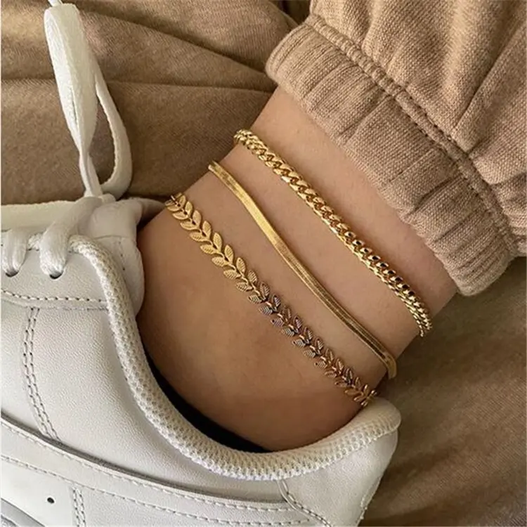 Fashion Design Alloy Foot Jewelry 3-Layer Leaf Chain Bracelet Trendy Girls Gold Plated Anklet