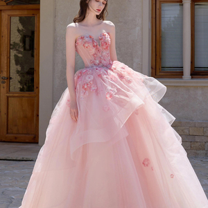 Vestido de noche de tul rosa, sin tirantes, largo hasta el suelo, vestido de fiesta con apliques florales, vestido formal para fiesta de boda - Product Image 3