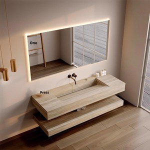 Maßgefertigtes Wandmontiertes Badezimmer-Waschtischset aus Mineralwerkstoff Nahtloses Doppelwaschbecken Travertin-Waschbecken Modern Minimalistisch - Product Image 4