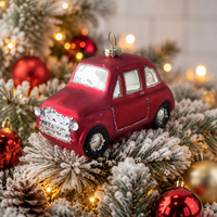 Hiasan Gantung Pohon Natal Mobil Klasik Vintage Ornamen Kaca Figur Merah Perak dengan Glitter