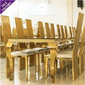 Event Banquet Stainless Steel Luxury Design Rectangle Wedding Transparent Tempered Glass Gold Legs Wedding <b>Table</b> Chair Set - Product Image 1