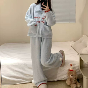Ensemble de <span class=keywords><strong>pyjama</strong></span> en velours épais, cardigan, <span class=keywords><strong>pyjama</strong></span> pour <span class=keywords><strong>fille</strong></span>, automne et hiver, doux, fourrure, lettres - Product Image 6