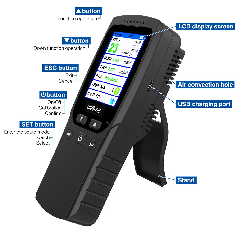 Draagbare Gevoelige Formaldehyde Luchtkwaliteit Sensor Gas Detector Pm2.5 Monitor Meter