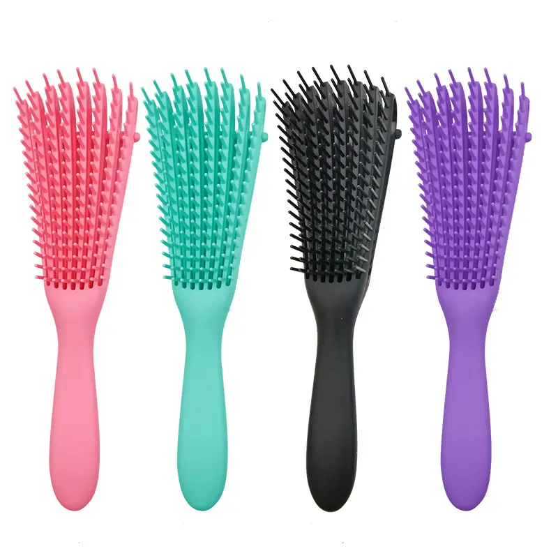 Cepillo de ocho filas de pulpo de plástico para el cuidado del cuero cabelludo para mujer, cepillo desenredante de pelo negro, logotipo personalizado, color rosa