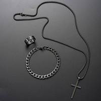 3pcs Titane Acier Rétro Pendentif Croix Combinaison Set Nouveau Bijoux Collier Bracelet Anneau Trois Pièces Accessoires Bijoux