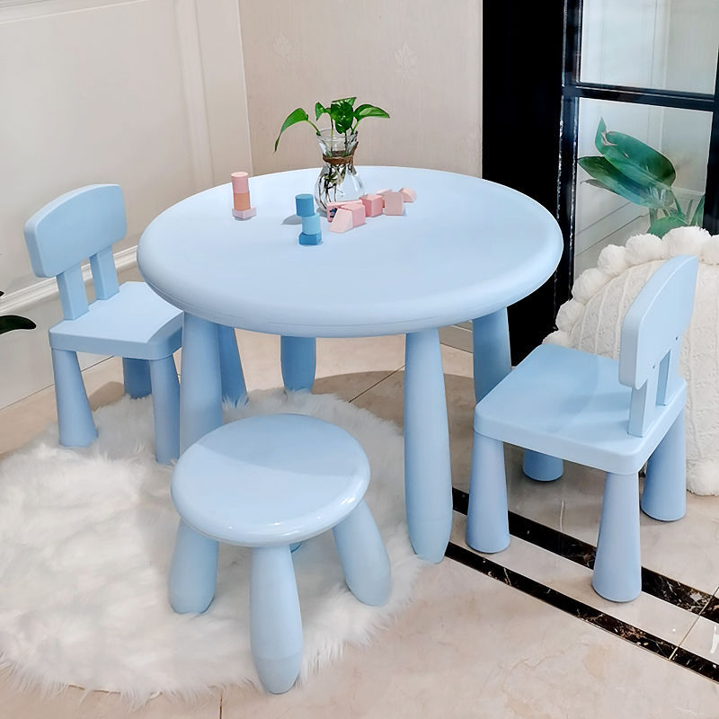 Blue round table 2 small back 1 round stool