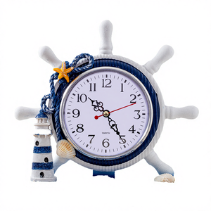 Horloge de bureau en forme de roue de bateau nautique avec décoration phare et coquillages, mouvement à quartz, fonctionne à piles, style côtier - Product Image 4