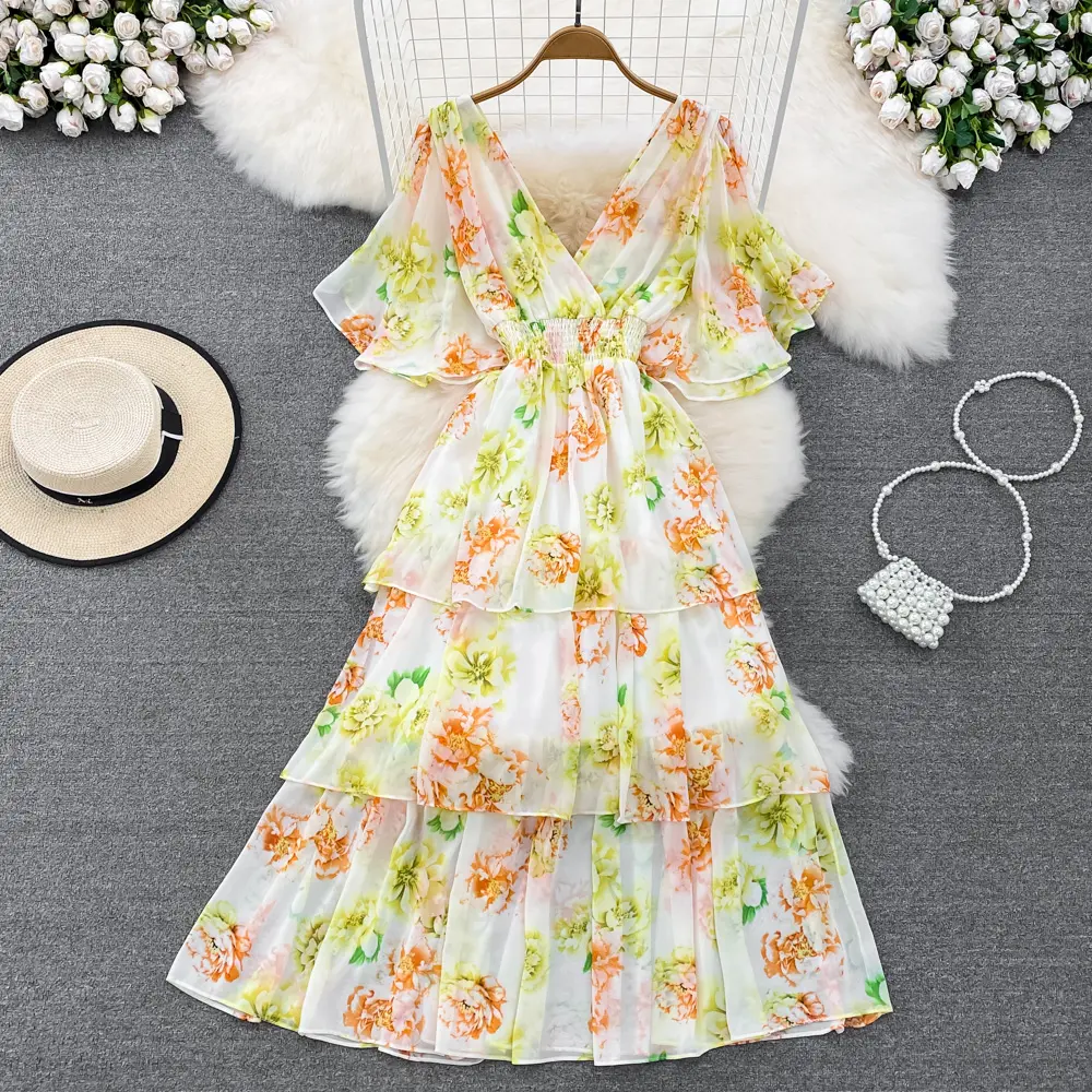 Französische V-Ausschnitt Flare Sleeve Taille gewickelt A-Linie Chiffon Blumen kleid Elegante Schaukel Langes Kleid Blume Weißes Kleid
