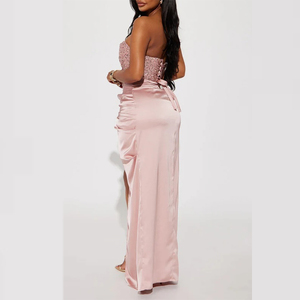 Glamorous Pink Sequin Strapless Maxi Dress with Twist Waist and High Slit Formal Evening <strong>Gown</strong> for Prom Customizable - Product Image 3