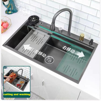 Cascade volante robinet extractible noir gris, lave-gobelet en acier inoxydable 304 nano moderne profond grand évier de cuisine avec passoire