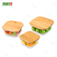 Boîte à lunch Bento allant au four à micro-ondes Récipient en verre étanche avec couvercles en bambou et en bois pour la préparation des repas