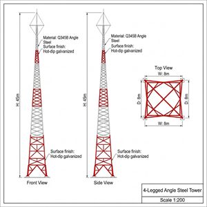 Torre di Telecomunicazione 45m a Quattro Gambe Autoportante in Acciaio Angolare Zincato a Caldo Q345B per GSM e Microonde - Product Image 3