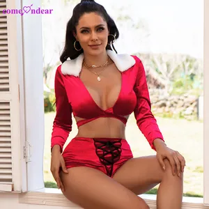 Veludo conjunto de lingerie sexy, duas peças de pijama de natal, sutiã e calcinha de manga longa, plus size, vermelho, com pele