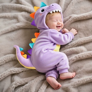 Mono de Bebé con Capucha y Cremallera, Diseño de Dinosaurio, Manga Larga, Color Morado, para Otoño e Invierno, Cálido, de Poliéster Clase A - Product Image 1