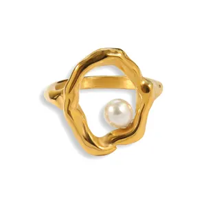 Set di gioielli di moda all'ingrosso anello di perle vuote 18k oro placcato in acciaio inossidabile geometrico irregolare collana di orecchini di perle