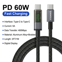 Câble USB C vers C en nylon tressé avec affichage LED 60W, charge rapide PD, 1m 3ft, blanc, en stock, plusieurs couleurs personnalisées pour iPhone MacBook