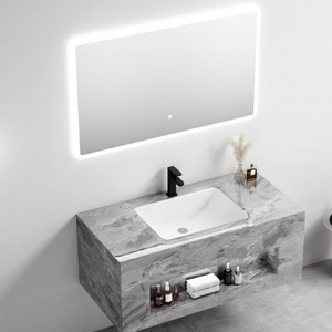 Meuble-lavabo en marbre gris clair italien CR 100 cm avec miroir LED et lavabo encastré - Product Image 1