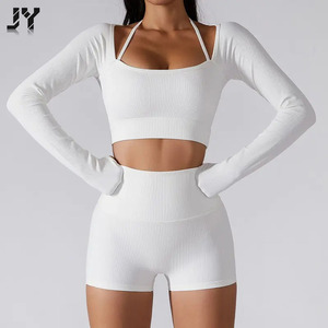 Joyyoung, Top de Yoga acanalado, trajes deportivos para <span class=keywords><strong>mujer</strong></span>, sujetador, conjunto de entrenamiento de manga larga, trajes de gimnasio para <span class=keywords><strong>mujer</strong></span>, medias, <span class=keywords><strong>Kit</strong></span> para <span class=keywords><strong>mujer</strong></span> - Product Image 1