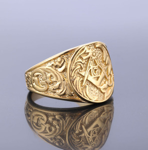 Anillo de acero inoxidable para hombre, sortija de titanio chapado en oro, Estilo Vintage, AG, masónico - Product Image 4