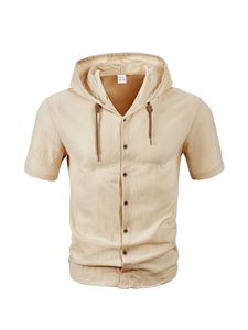Custom <b>Men</b> <b>Short</b> <b>Sleeve</b> Knitted Hooded Shirt Embroidery Logo 145GSM 100% Cotton Resort Streetwear Top - Product Image 4