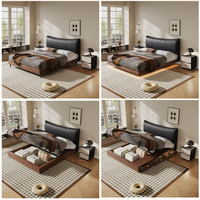 Cadre de lit de rangement en cuir à ailes courbées, plateforme basse en bois de noyer, éclairage LED sous le lit, base relevable et tiroir, OEM personnalisé
