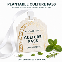 Badge culturel personnalisé en papier semence, passe de festival héritage plantable avec accents en feuille d'or pour événements culturels aux EAU, faible MOQ