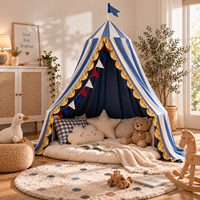 Tente de lit suspendue pour enfants en forme de cône, style camping américain, 100% coton, rayures bleues et blanches, bord à volants, crochets de suspension au plafond