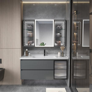 ตู้ห้องน้ำสีเทาโมเดิร์นพร้อมกระจก LED อ่างเซรามิกแบบชิ้นเดียวทรงสี่เหลี่ยมพร้อมแผ่นกันน้ำ - Product Image 2