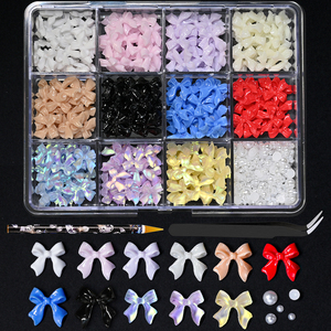 12 Grid Candy Color Bow Nail Charms Mixed Resin 3D Acrylic Bow Rhinestone Manicure Nail Art Decorations - Product Image 3