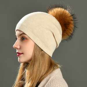 Wholesale Skull Luxury Double Layer Knit Winter Hat Fluffy Real Fur <strong>Pom</strong> <strong>Pom</strong> Soft Warm Custom Logo Slouchy <strong>Blank</strong> Adults <strong>Beanies</strong> - Product Image 5