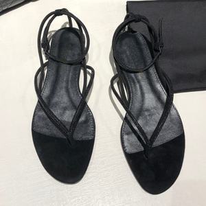 Sandales plates pour femmes en cuir véritable, style minimaliste, avec lanières en velours noir, antidérapantes, respirantes, lacets ajustables - Product Image 1