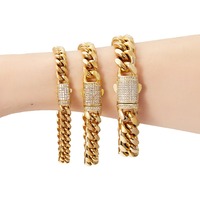 Gelang Rantai Miami Cuban Link Pria 6-14mm dari Baja Anti Karat dengan Kancing Tembaga Zirkon Mikro Pave