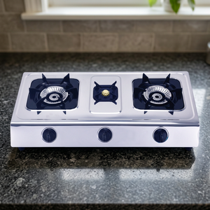 Table de cuisson à gaz 3 brûleurs en acier inoxydable avec support hexagonal, allumage électronique et commande par bouton pour usage domestique - Product Image 4