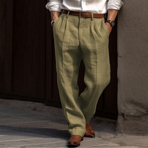 Nuovi <span class=keywords><strong>pantaloni</strong></span> <span class=keywords><strong>di</strong></span> <span class=keywords><strong>lino</strong></span> da uomo doppia borsa anteriore a pieghe a cilindro dritto tinta unita comodi traspiranti Casual - Product Image 6