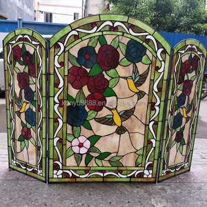 Paravent de cheminée en vitrail, 3 panneaux, motif floral, verre décoratif traditionnel, pour salon, autoportant, forme cathédrale - Product Image 5