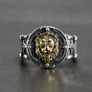 Cincin Singa Perak Sterling 925 Solid untuk Pria, Cincin Pria Retro Punk Lokomotif, Perhiasan Pria Motif Daun - Product Image 2