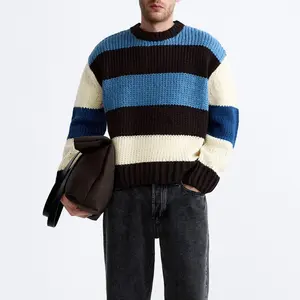 कस्टम लोगो OEM और ODM स्वेटर धारीदार जैक्वार्ड पुरुष स्वेटर लंबी आस्तीन बुना हुआ फैशन पुरुषों के कपड़े बुना हुआ स्वेटर पुरुष