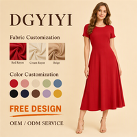 Gaun Kasual Wanita Kerah Bulat Lengan Pendek Midi Dress 200GSM Rayon A-Line Musim Panas Bahan Bernapas Model Melebar Logo Kustom OEM Gaun Kasual