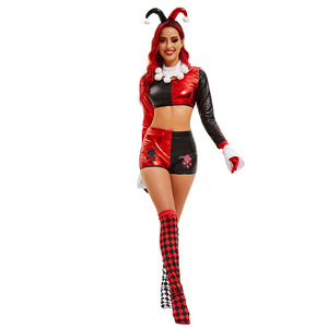 Ensemble de costume sexy de clown <span class=keywords><strong>Harley</strong></span> <span class=keywords><strong>Quinn</strong></span> avec haut court - Tenue de cosplay pour spectacle de scène d'Halloween - Product Image 1