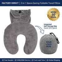Oreiller de voyage ergonomique 2-en-1 pliable en mousse à mémoire de forme en U, avec pochette de rangement intégrée, gain de place, vente directe usine