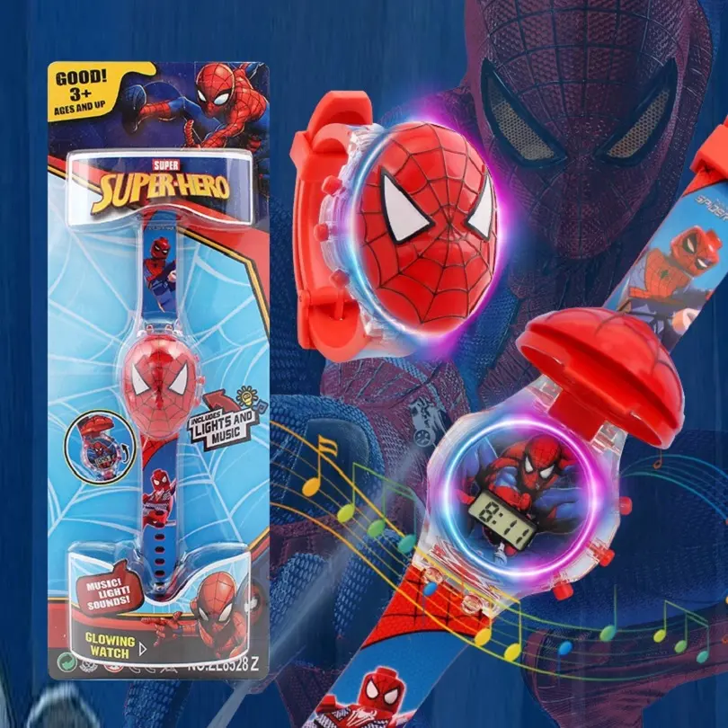 Christmas gifts children cartoon digital wrist watch for kids lights up music spiderman paw glowing 3d toy watch