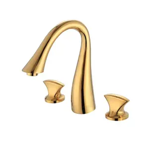 Üç delik musluk banyo lavabo dolabı tüm bakır sıcak ve soğuk musluk çift kolu bölünmüş altın krom kaplama su kafası